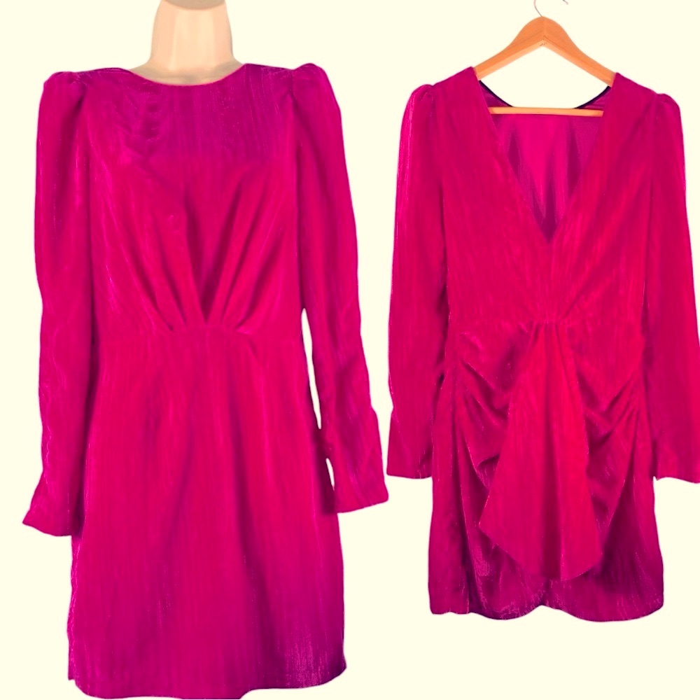 Saylor Pink Velvet Long Sleeve Mini Dress, V Back, Extra Small Xs, Retails $253